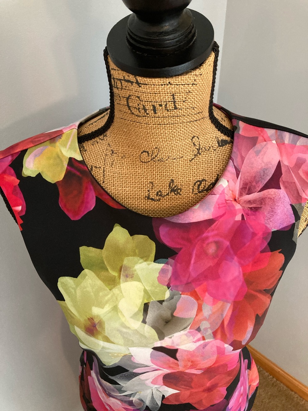 Worthington Black Midi Dress with Pink Red Yellow Floral Print Women Sz 8 - Picture 3 of 13